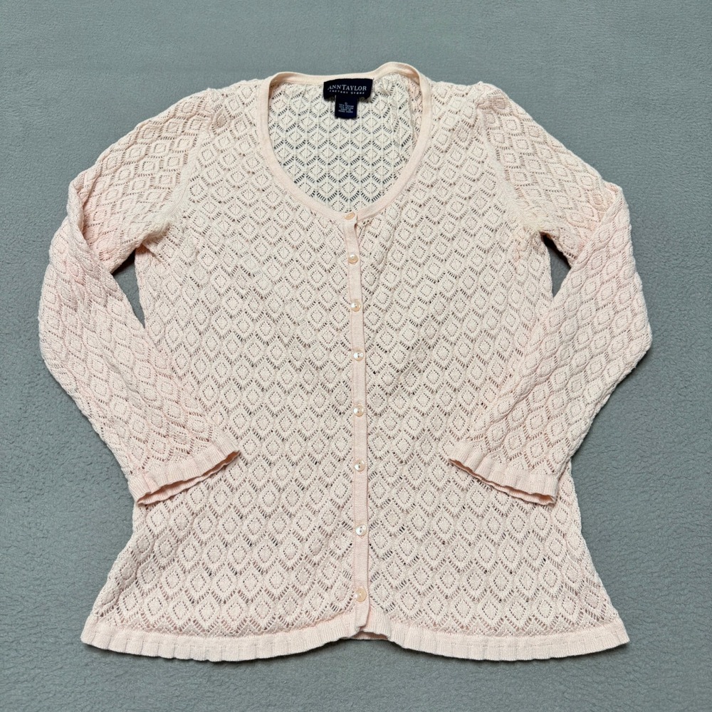 Ann Taylor Cardigan Women Small Pink Pointelle Knit Ruffle Hem Coquette Romantic - Picture 1 of 7